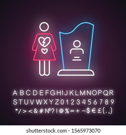 Maternal mortality neon light icon. Man death. Death of child. Funeral for significant other. Mourn family member. Glowing sign with alphabet, numbers and symbols. Vector isolated illustration