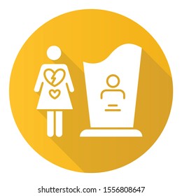 Maternal mortality yellow flat design long shadow glyph icon. Woman grieving. Death of partner, child. Funeral for significant other. Mourn family member. Tomb stone. Vector silhouette illustration