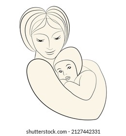 Maternal silhouette with child in her arms. Beautiful woman and her baby. Mother carefully hugs babbie. Spiritual connection between mummy and child. Hand drawing for celebrate Happy Mother's Day.