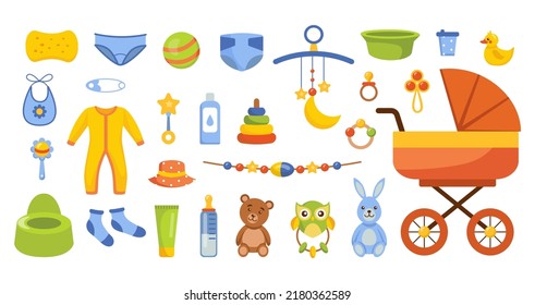 Maternity and baby accessories. Kids equipment. Newborn children supplies. Bottle with pacifier. Bib and bodysuit. Isolated toddlers carriage. Potty or diaper. Vector illustration set