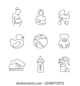 Maternity and baby goods artistic style continuous line icons. Editable stroke.