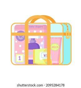 Maternity bag with cosmetics for mom and baby. Packing a hospital bag. Cosmetics for newborn.