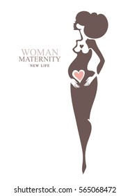 Maternity. Beautiful pregnant woman. Vector template idea for the logo.
