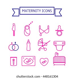 Maternity and breastfeeding vector icon set. Set includes -
pregnant woman , newborn, breast, nipple , feeding bottle , stroller , diaper , ultrasounds , heart , cot, infant formula. 