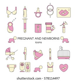 Maternity and breastfeeding vector icon set for web. Set include-pregnant woman , newborn, breast, nipple,feeding bottle,stroller,diaper,ultrasounds heart,cot,infant formula. 