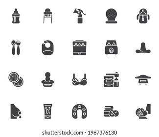 Maternity, breastfeeding vector icons set, modern solid symbol collection, filled style pictogram pack. Signs, logo illustration. Set includes icons as silicone pacifier, breast nipple, milk bottle
