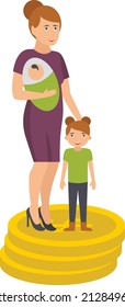 Maternity Care Concept, Single Mom Standing On Coin Stack Vector Icon Design, Economic Assistance Symbol, Unemployment Benefits Sign, Unconditional Income Stock Illustration