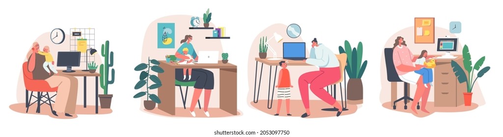 Maternity and Career Concept. Business Mom Working at Home. Mother with Kids Sitting at Desk Working on Computers. Female Characters Freelance Workers with Children. Cartoon People Vector Illustration