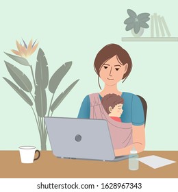 Maternity and career concept. Young woman with a baby in sling working at a desk with laptop. Flat cartoon vector illustration.