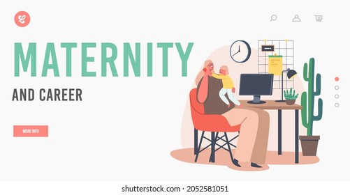 Maternity and Career Landing Page Template. Young Mother Character Work on PC with Daughter on Hands. Multitasking Business Woman Remote Work from Home with Baby. Cartoon People Vector Illustration