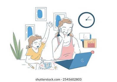 Maternidade e carreira. A mulher fica sentada no laptop com a filha. Carreira e vida privada. Dona de casa e trabalhadora no trabalho. Ilustração de vetor linear isolada no plano de fundo branco