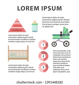 Maternity and Childcare Poster Vector Template. Baby Basics, Newborn Necessities Infographics. Infant Items Flat Web Banner Layout. Cartoon Baby Carriage, Crib, Feeding Bottle Illustration