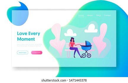 Maternity Childhood Website Landing Page. Young Woman Sitting on Bench with Baby Stroller Lulling Child in City Park. Mother Walking with Newborn Kid Web Page Banner. Cartoon Flat Vector Illustration