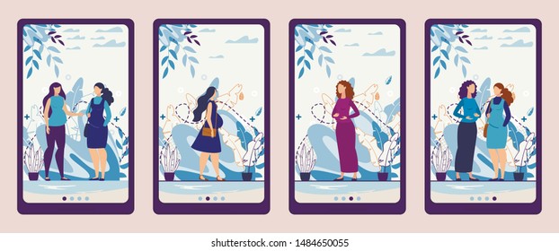 Maternity Clinic or Hospital. Pregnant Women Speaking, Talking, Sharing Emotions and Knowledge. Flat Wepages Set for Mobile Application. Motherhood and Healthcare. Vector Cartoon Illustration