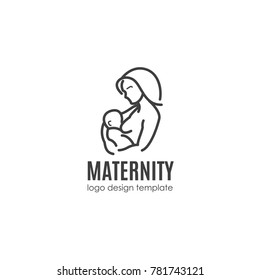 Maternity concept, breast-feeding - happy woman with newborn. Vector logo design template in linear style for your design