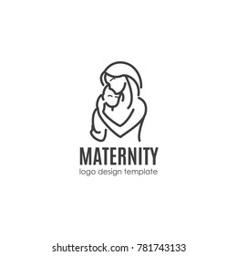 Maternity concept - happy woman with newborn. Vector logo design template in linear style for your design