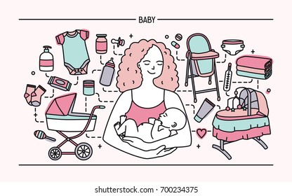 Maternity concept. Horizontal banner with mother and baby, different children's accessories. Line art colorful vector illustration.