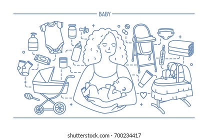 Maternity concept. Horizontal banner with mother and baby, different children's accessories. Line art vector illustration.