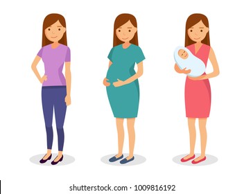 Maternity concept illustration - happy pregnant woman and woman with a newborn baby