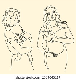 Maternity concept line art illustration. Pregnant women, woman with a newborn baby. Motherhood, maternity, hand drawn style vector illustrations.