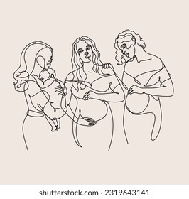 Maternity concept line art illustration. Pregnant women, woman with a newborn baby. Motherhood, maternity, hand drawn style vector illustrations.