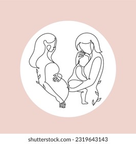 Maternity concept line art illustration. Pregnant women, woman with a newborn baby. Motherhood, maternity, hand drawn style vector illustrations.