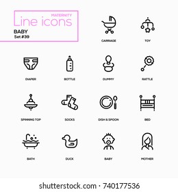 Maternity concept - line design icons set. Everything about babies and toddlers. Carriage, toy, diaper, bottle, dummy, rattle, spinning top, socks, dish, spoon, bath, duck, bed, baby, mother