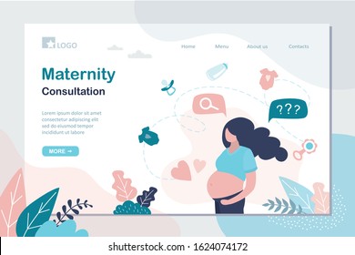 Maternity consultation landing page template. Beauty pregnant woman and items for the newborn. Woman thinking about giving birth and caring for a baby. Trendy style Vector illustration