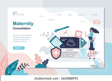 Maternity consultation landing page template. Prenatal health care concept. Female doctor,ultrasound machine and medical signs. Pregnancy Planning and To Do List. Trendy style vector illustration