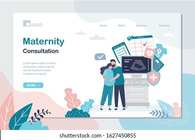 Maternity consultation landing page template. Prenatal health care concept. Love couple,ultrasound machine and medical signs. Pregnancy Planning. Happy pregnant woman and husband. Trendy Vector
