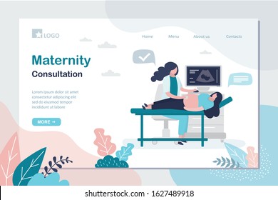 Maternity consultation landing page template. Doctor makes an ultrasound to pregnant woman. Clinical examination, prenatal health care concept. Female characters in trendy style. Vector illustration