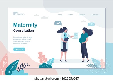 Maternity Consultation landing page template. Pregnant woman at the gynecologist's appointment. Recommendations of a physician concept. Prenatal medicine,female characters. Trendy vector illustration