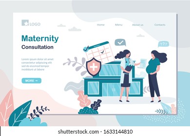 Maternity consultation landing page template. Beauty pregnant woman gets advice from gynecologist. Doctor gives pregnancy advice.Medical consulting services. Female characters,clinic on background. 