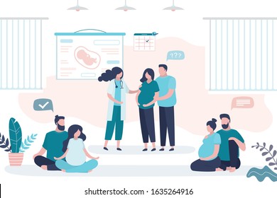 Maternity Courses concept. Pregnancy seminar. Group of pregnant women with husbands and doctor coach. Health care banner. Motherhood,parenthood and medical education. Trendy vector illustration