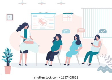 Maternity Courses concept. Pregnancy seminar. Group of pregnant women and doctor coach. Health care banner. Motherhood and medical education. Trendy style vector illustration