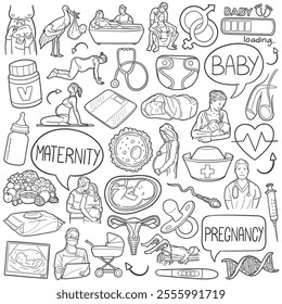 Maternity Doodle Icons Black and White Line Art. Pregnancy Clipart Hand Drawn Symbol Design.