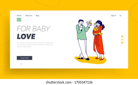 Maternity, Fatherhood, Parenting Landing Page Template. Parents Characters Lull Crying Newborn Baby Suffering of Cramps. Father, Mother and Child Love. Linear People .Linear Vector Illustration