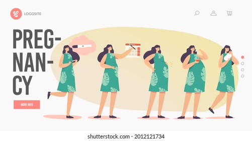 Maternity, Female Character Pregnancy Stages Landing Page Template. Positive Test, Calendar Date, Growing Belly, Woman Eating and Carry Baby on Hand, Child Delivery. Cartoon People Vector Illustration