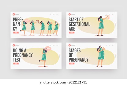 Maternity, Female Pregnancy Stages Landing Page Template Set. Positive Test, Calendar Date, Growing Belly, Woman Eating and Carry Baby on Hand, Child Delivery. Cartoon People Vector Illustration