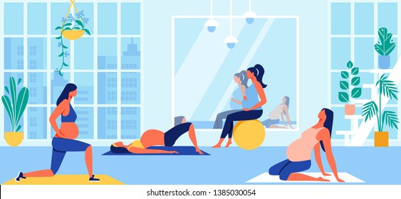 Maternity Group Fitness Class with Aerobic Muscles, Fitball and Balance Exercises for Pregnant Women. Girls Prepare to Childbirth Working Out in Gym. Sport, Gymnastics Cartoon Flat Vector Illustration