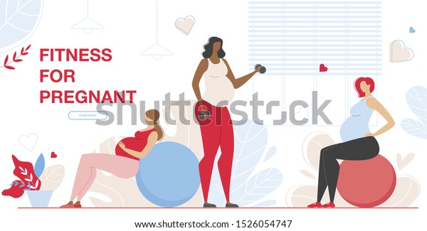 Maternity Group Fitness Class with Aerobic\
Muscles, Fitball and Balance Exercises for Pregnant Women. Girls\
Prepare to Childbirth Working Out in Gym Cartoon Flat Vector\
Illustration, Horizontal\
Banner