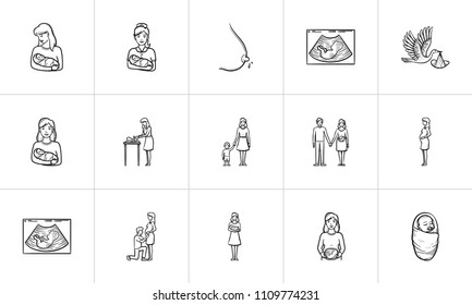 Maternity hand drawn outline doodle icon set for print, web, mobile and infographics. Baby infant nursery and family care vector sketch illustration set isolated on white background.