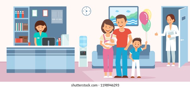 Maternity Home Concept. Reception Room In Maternity Clinic. Happy Parents With Newborn In Hospital. Medical Health Care Set. Doctor, Nurse And Family With Baby. Vector Flat Illustration.