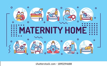 Maternity home word lettering typography. Infographics with linear icons on blue background. Creative idea concept. Isolated outline color illustration.