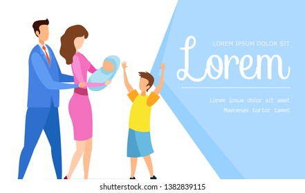Maternity Hospital Flat Banner Vector Template. Parents and Children Cartoon Characters. Adoption Center, Childcare, Parenting Courses. Family Day Celebration Illustration with Text Space