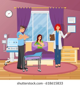 Maternity hospital flat composition with young parents two newborn kids and doctor figurines vector illustration