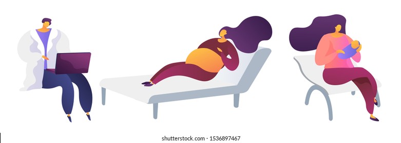 Maternity hospital flat vector illustrations set. Obstetrician gynecologist and patients cartoon characters. Doctor working with laptop. Pregnant woman lying on couch. Mother holding newborn baby