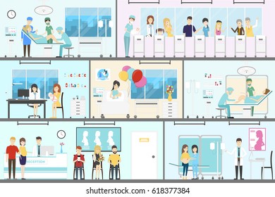 Maternity hospital interior set. Newbornes with parent and doctors.