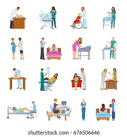 Maternity Hospital Newborn Baby Nursery Birth Attendant And Pregnant Women Human Characters Collection Of Isolated Images Vector Illustration