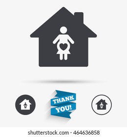 Maternity hospital. Pregnant sign icon. Women Pregnancy symbol. Flat icons. Buttons with icons. Thank you ribbon. Vector